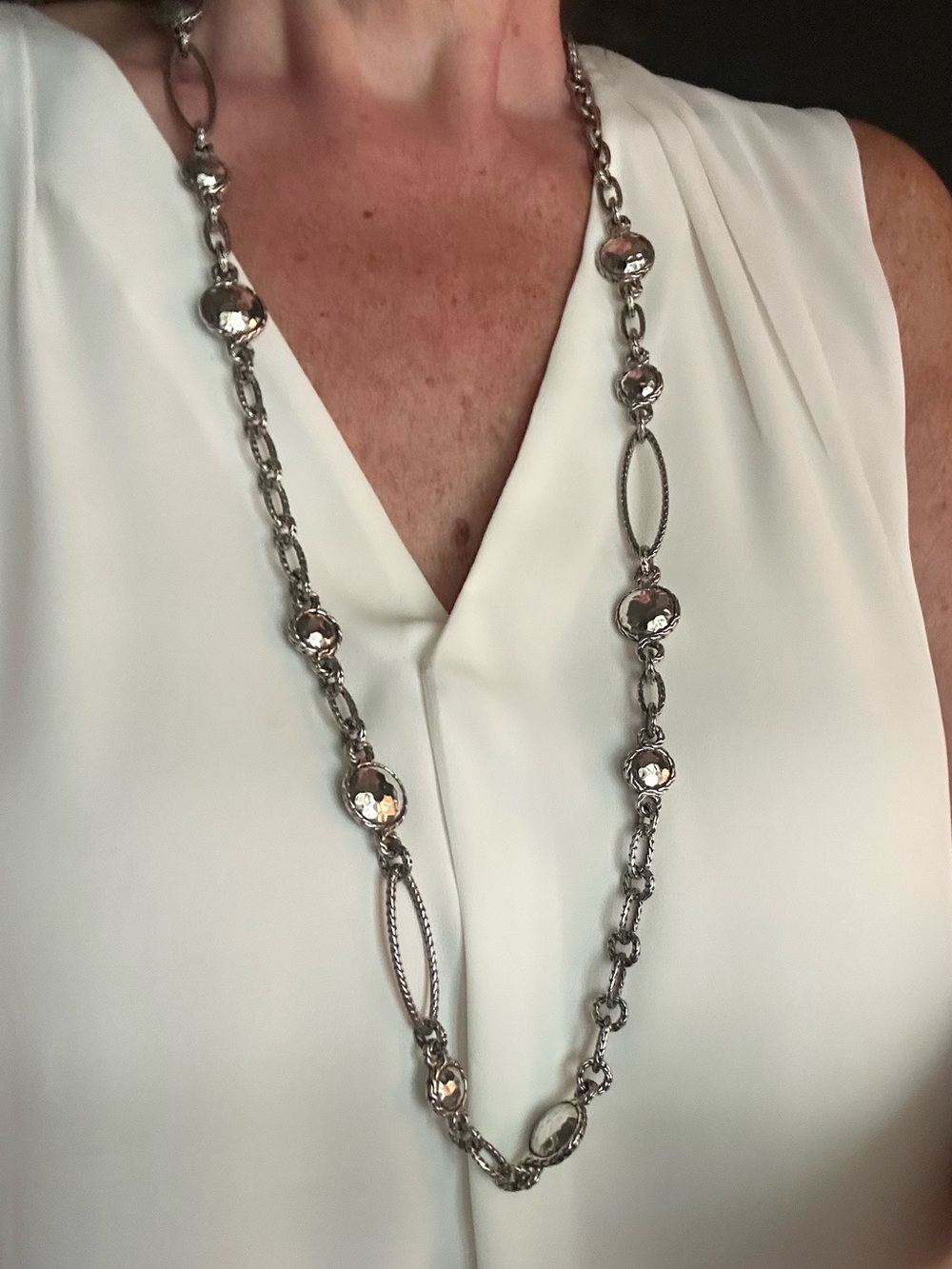 John Hardy 36” Sterling Silver Hammered Dot Station Necklace Bali Long Chain